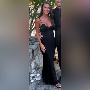 Lulus Classy Beauty Black Satin Lace Mermaid Maxi Dress